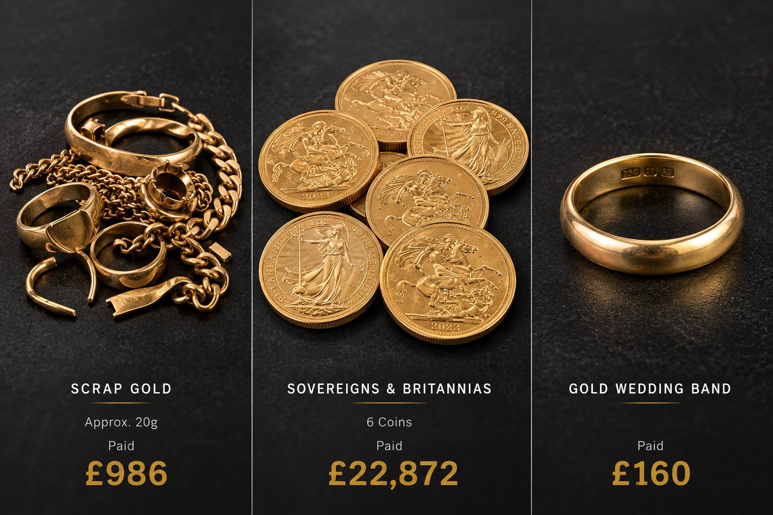 Scrap gold approx 20g paid £986. Six sovereigns and Britannias paid £22,872. Gold wedding band paid £160.