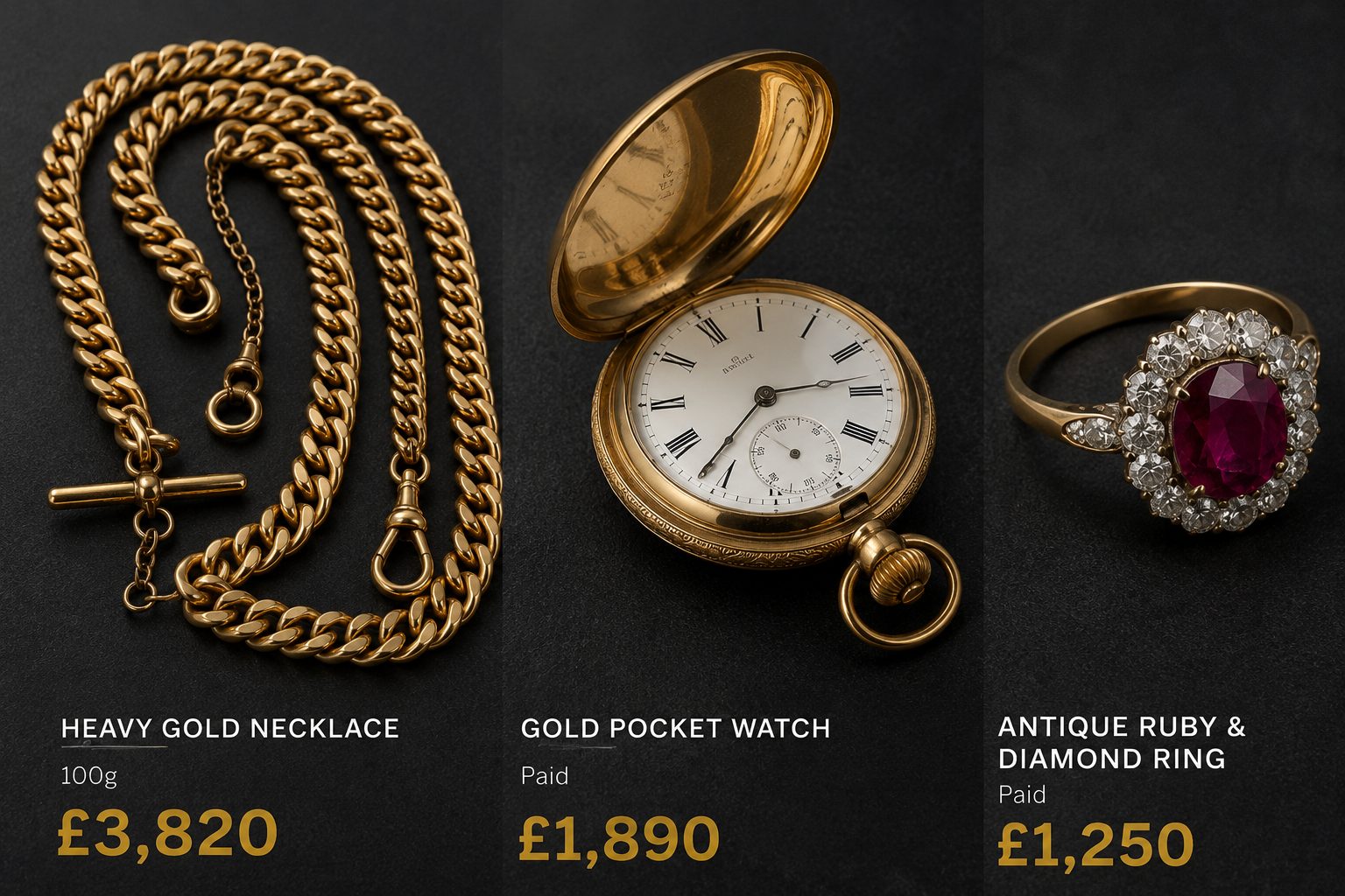 Heavy gold necklace 100g paid £3,820. Gold pocket watch paid £1,890. Antique ruby and diamond ring paid £1,250.